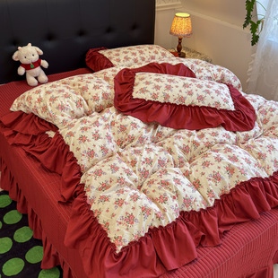 2026新款韩系古法韩国水洗棉云感棉大布袋法式大花边床盖四件套