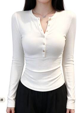 纯色单排扣T恤女款秋季2025新款收腰打底衫内搭修身长袖上衣紧身