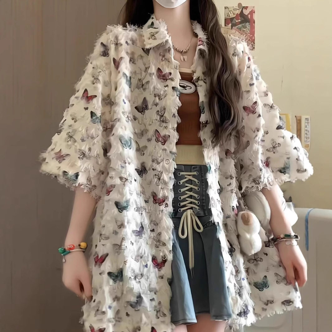 别致蝴蝶短袖衬衫外套女夏设计感