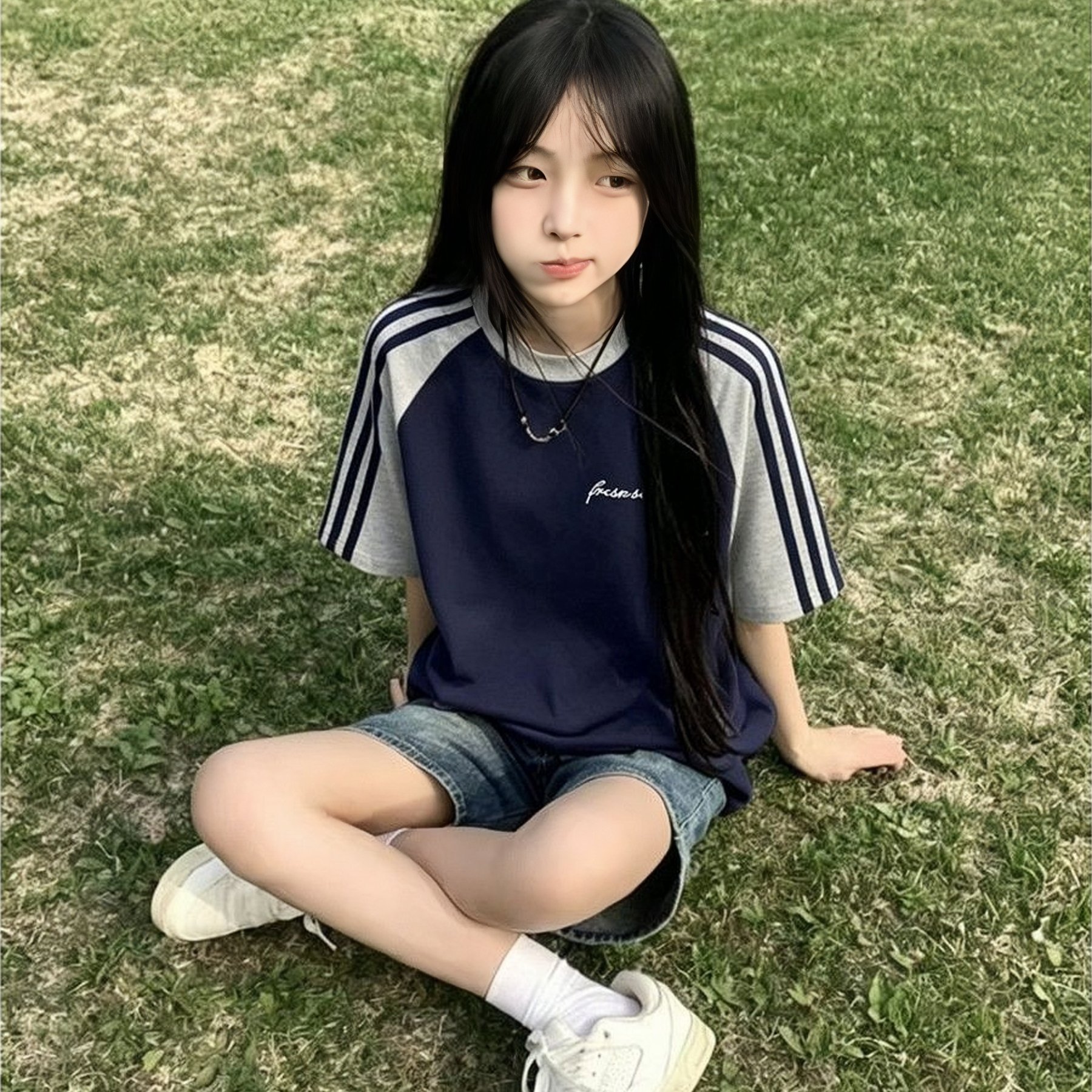 少女大童三条杠插肩短袖t