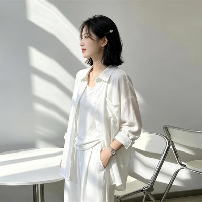 垂感不易皱白色老钱风亚麻衬衫女秋棉麻绝美长袖防晒开衫上衣外套