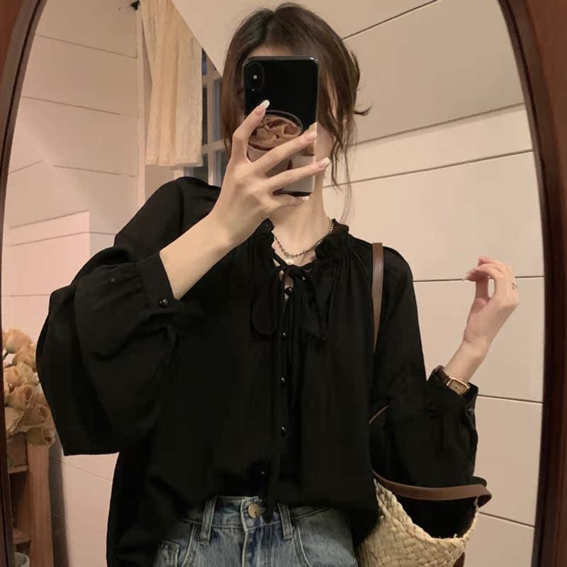 白色系带长袖衬衫女春薄