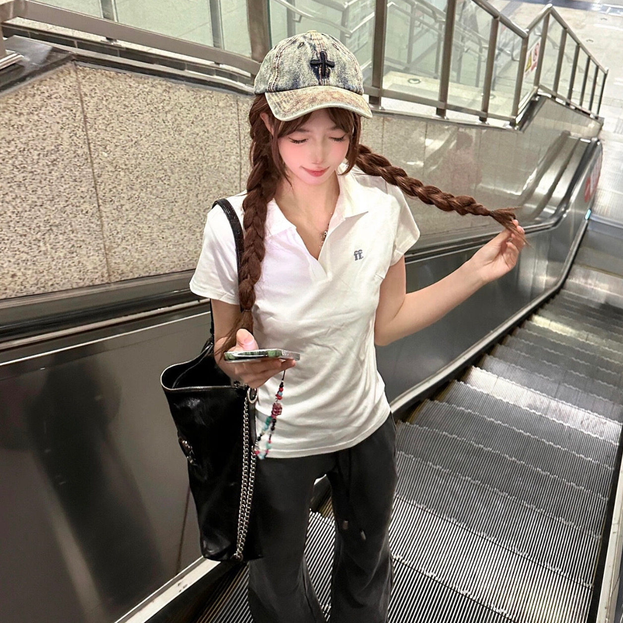 韩系V领正肩POLO衫T恤女