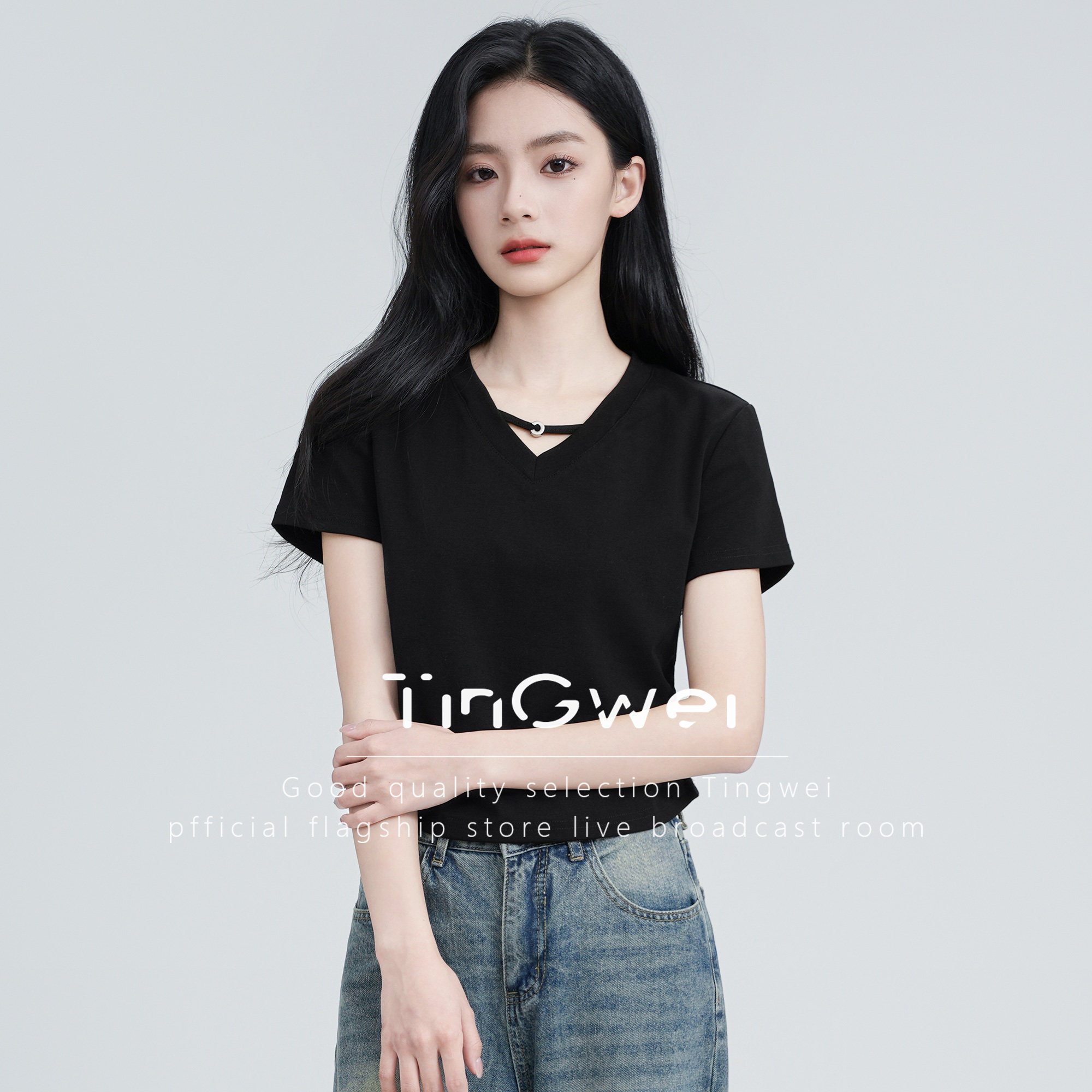 黑色V领短袖T恤女夏季202
