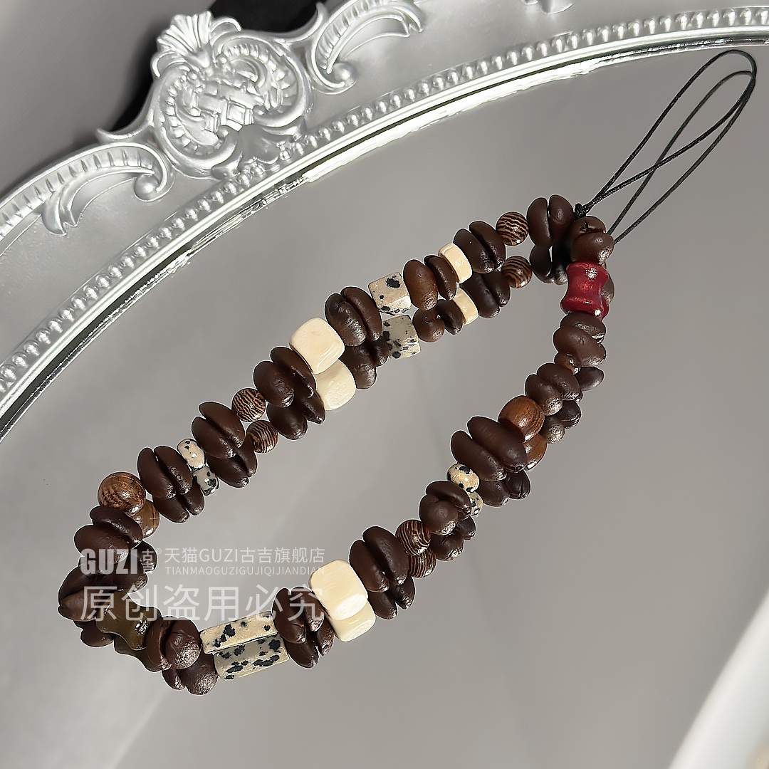 美拉德新款手机挂绳复古咖啡豆串珠带香味挂件包包挂饰手机壳链条便携豹纹手提链女款猫头鹰短款高级手机链