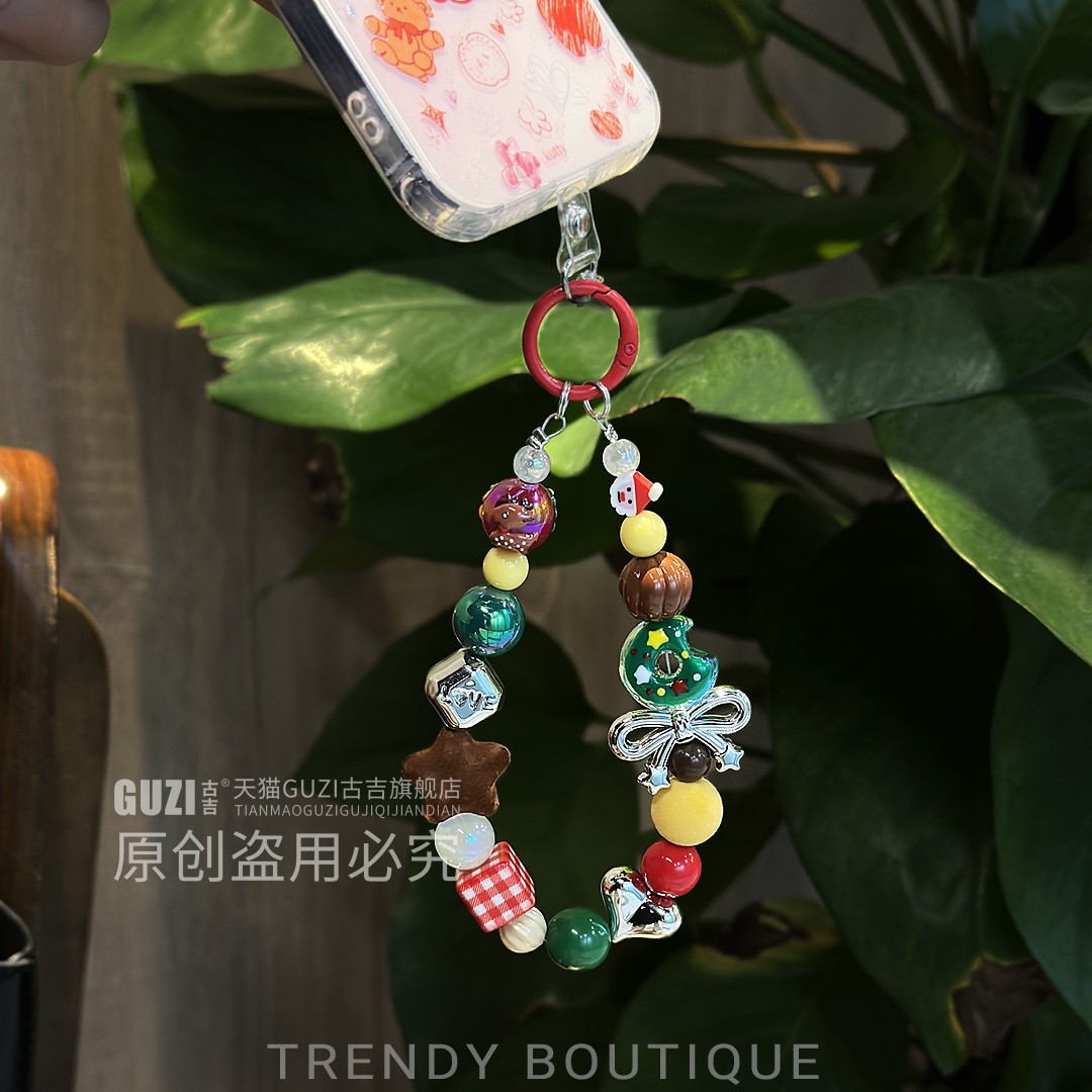 个性创意圣诞节手机挂绳新款甜甜圈蝴蝶结手提链手腕短款带夹片手机壳钥匙扣包包防丢挂件精致高级手机链挂饰
