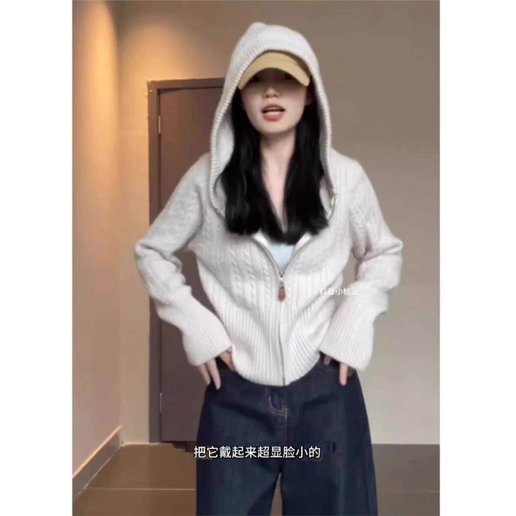 温柔风麻花连帽针织开衫女秋冬韩系慵懒拉炼毛衣外套收腰短款上衣