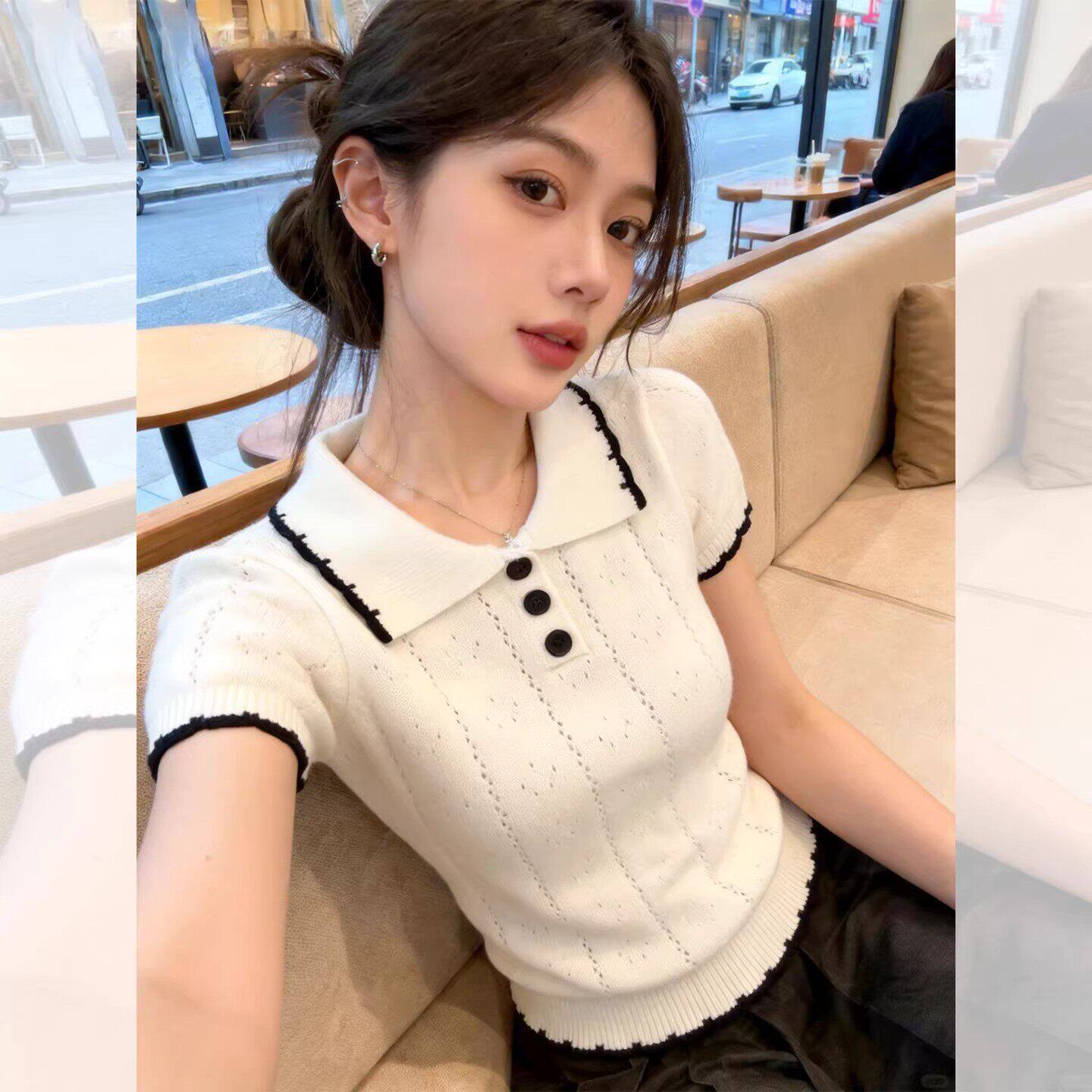 温柔风米白色翻领修身针