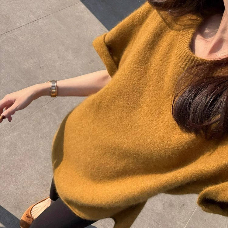 慵懒风黄色圆领短袖针织衫女春秋宽松软糯内搭打底毛衣遮屁股上衣