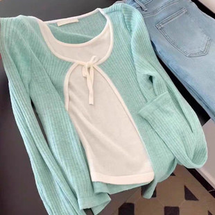 小清新氛围感绿色春夏新韩系设计感温柔假两件开衫针织衫女装上衣