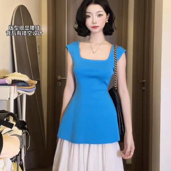 多巴胺穿搭蓝色冰丝针织吊带背心女夏季外穿修身后背镂空别致上衣