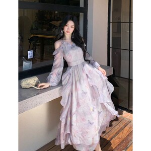 度假风紫色碎花连衣裙女春夏日超仙穿搭长裙法式露肩不规则仙女裙