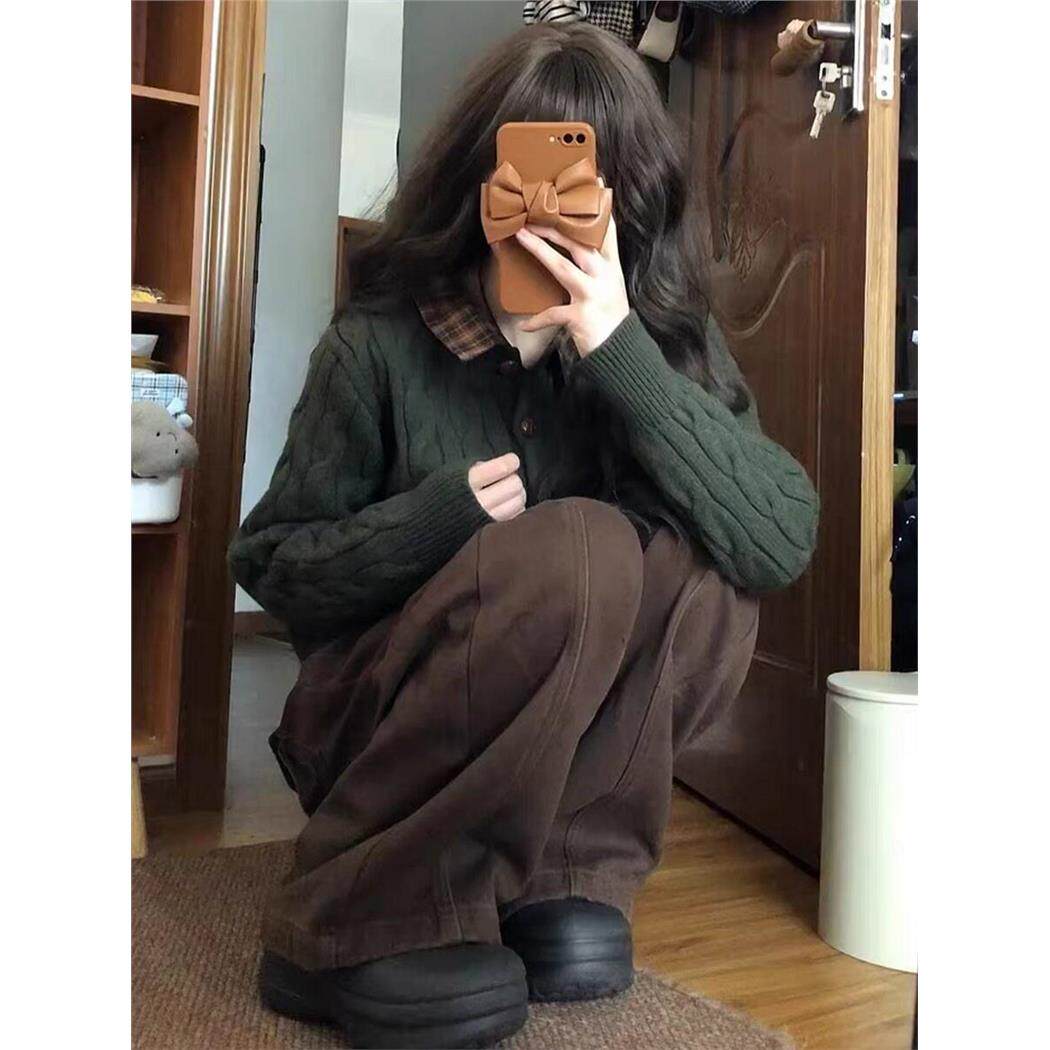 韩系假两件绿色针织开衫麻花毛衣外套女秋冬巨好看翻领小个子上衣