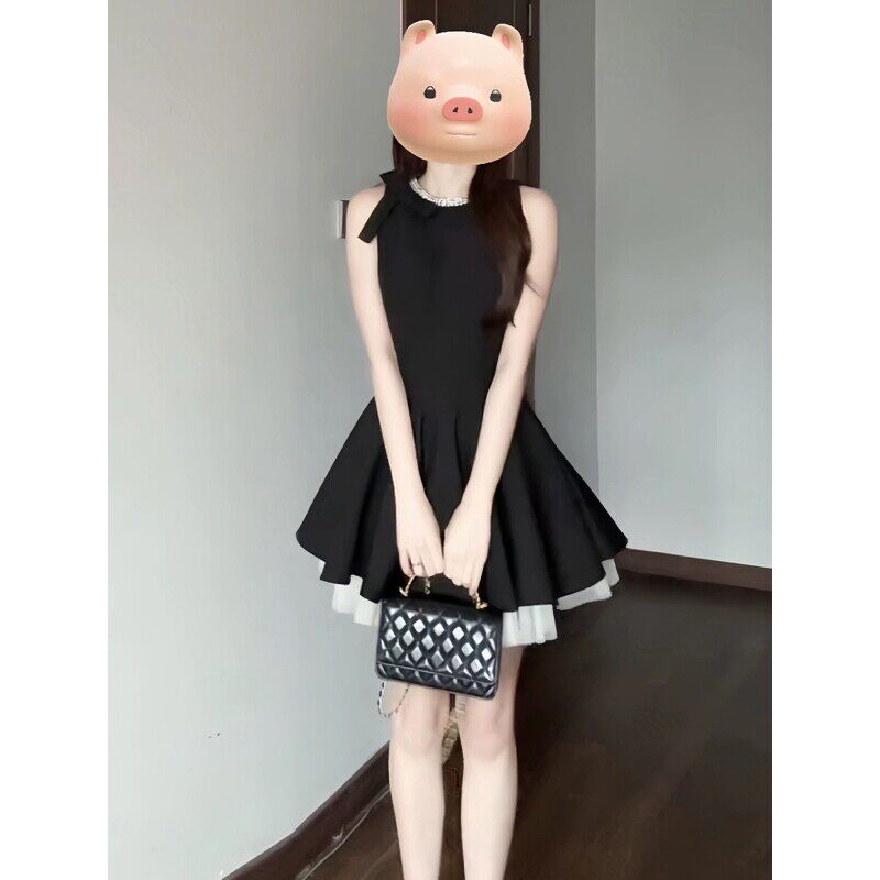 小个子千金生日连衣裙女贵气穿搭小礼裙无袖黑色小香风背心裙短款
