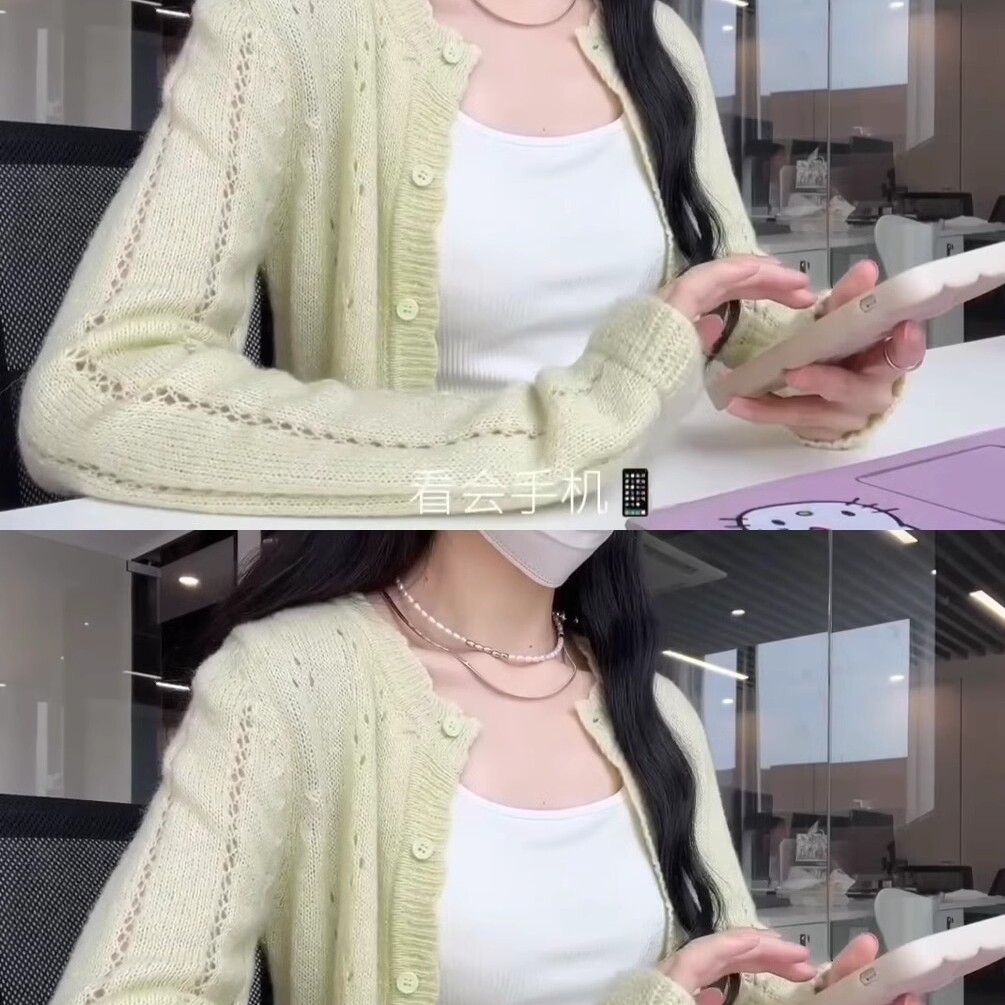 开春设计感绿色镂空短款