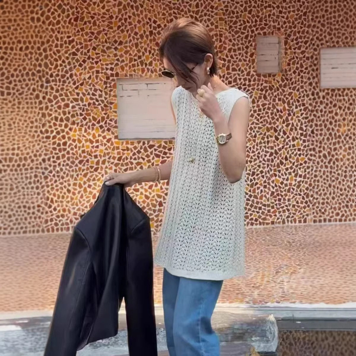 2026夏季新款毛衣韩系百搭镂空针织吊带背心叠穿罩衫连衣裙无袖