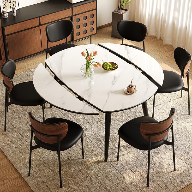 中古风黑色岩板餐桌椅组合方圆两用覆古小户型折叠可伸缩圆形家用