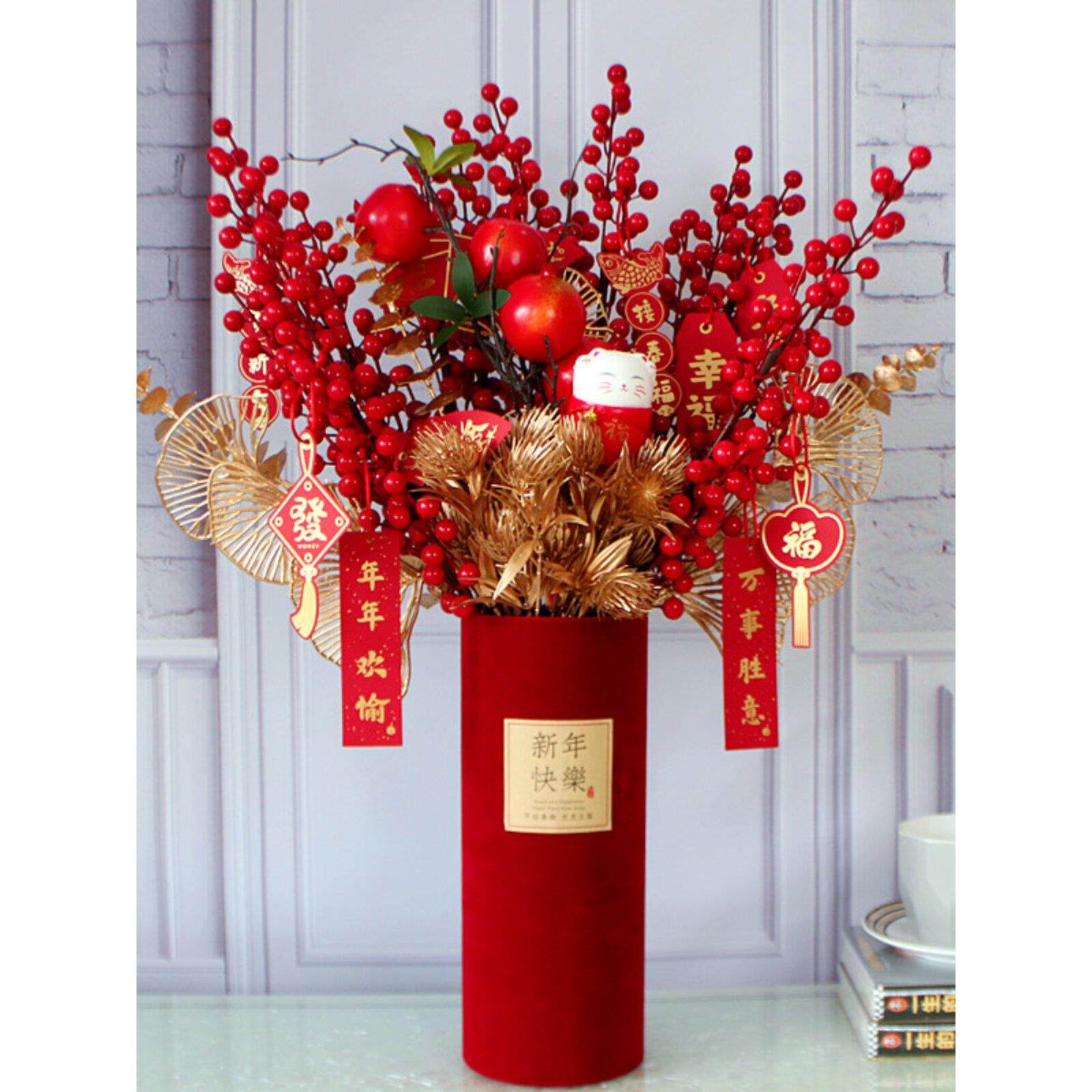 春节装饰品布置摆件元旦过年发财果柿子彷真花艺福桶插花新年礼物