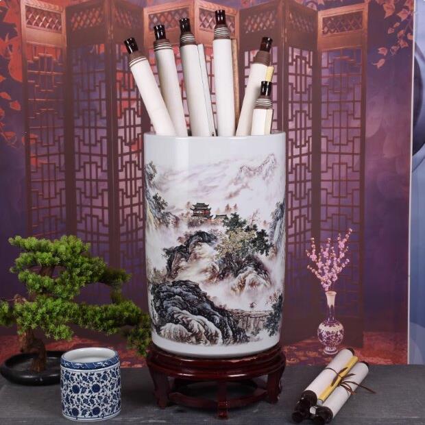 景德镇陶瓷书画桶卷轴缸字画收纳筒箭筒落地书房花瓶客厅装饰摆件