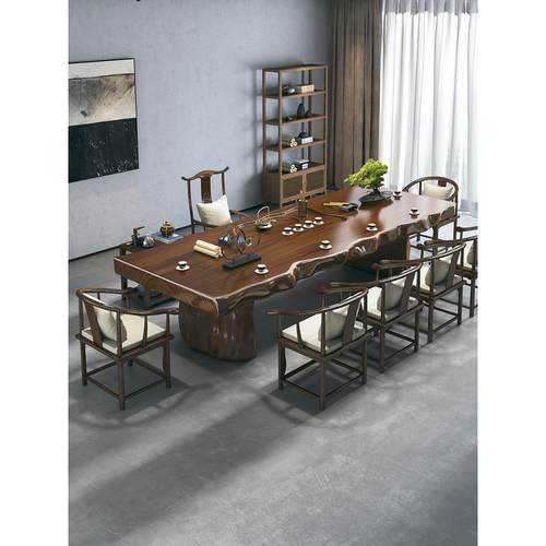 实木大板茶桌博古架现代原木整板新中式功夫茶台办公泡茶桌椅组合