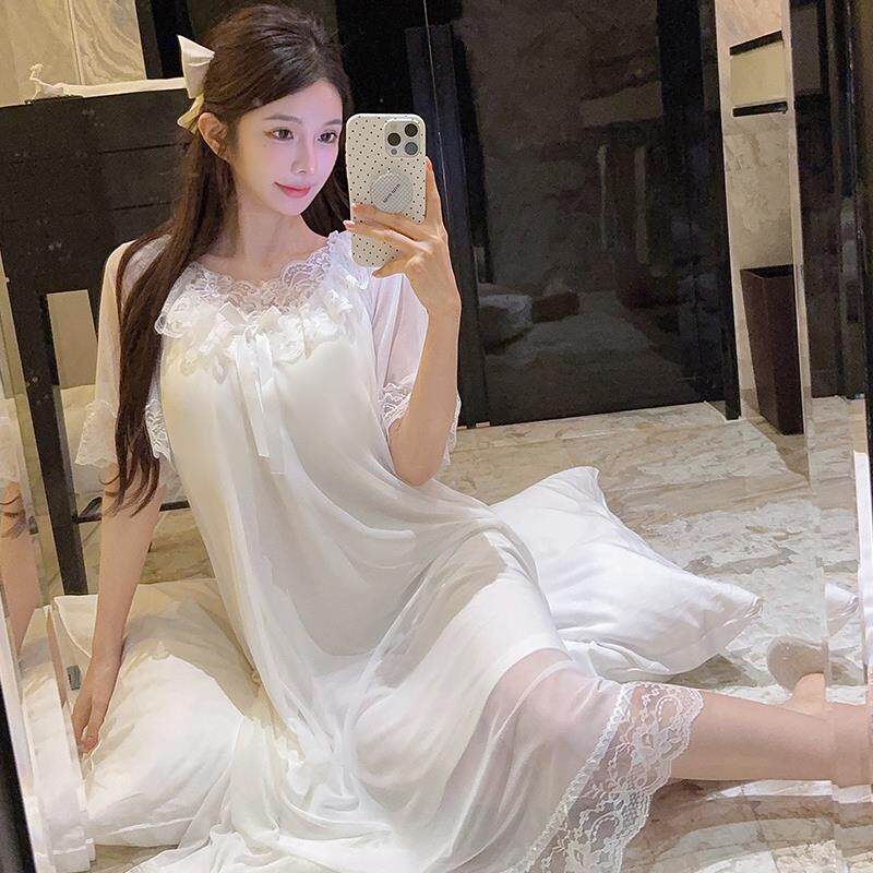 宫廷风网纱睡裙女夏季带胸垫甜美白色蕾丝中长版短袖睡衣裙家居服
