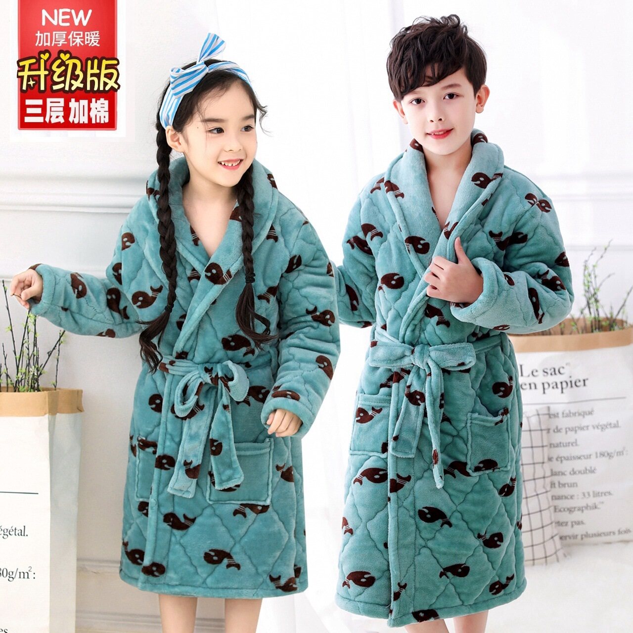 儿童睡衣女童睡袍秋冬季珊瑚绒法兰绒加厚套装女孩大童浴袍家居服