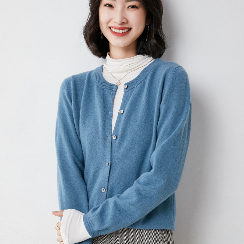 羊毛混纺2025秋冬女装新款宽松圆领纯色短款长袖外套上衣针织开衫