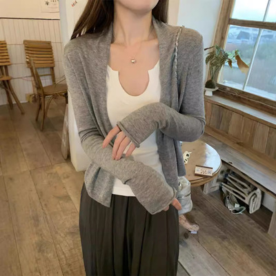 设计感灰色薄款针织外套女2024秋季新款卷边外搭短款防晒学生