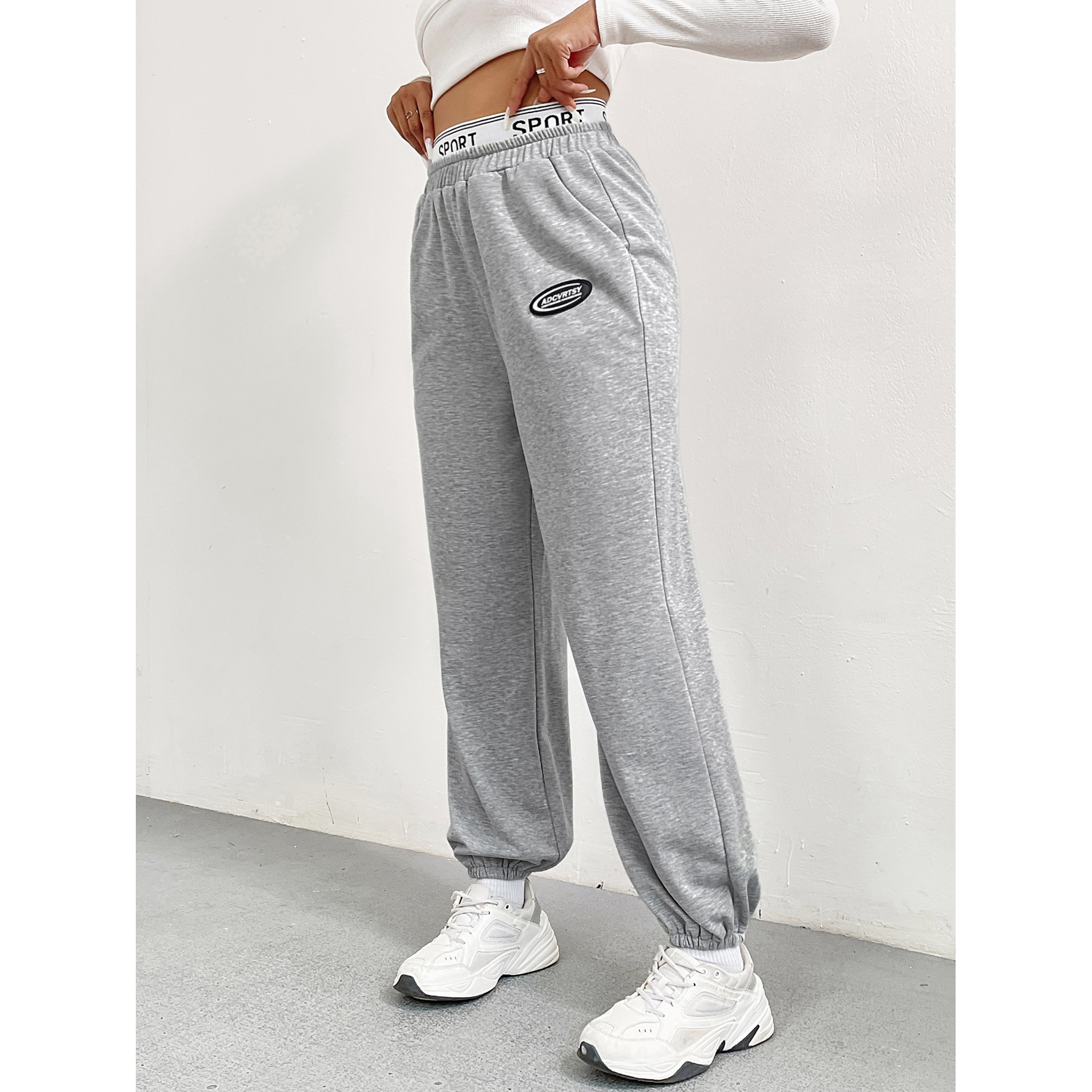 跨境欧美女装2024秋冬美式灰色运动裤显瘦宽松阔腿裤贴标卫裤长裤