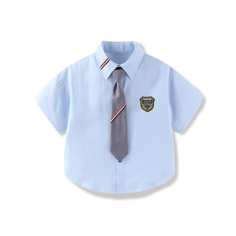 儿童新款短袖衬衫男童衬衣纯棉水洗夏季短袖女童上衣短白衬衫表演