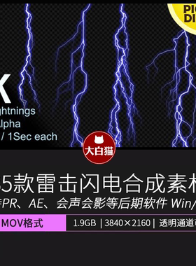 35个雷击闪电视频素材 4K特效带透明通道合成MOV动画素材