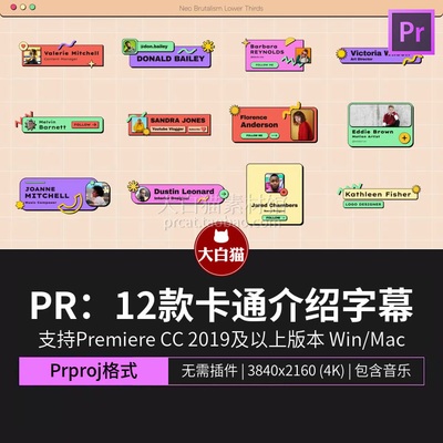 Pr模板 12款自媒体卡通人物介绍字幕剪辑素材Premiere字幕条模板
