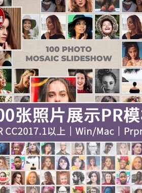PR照片汇聚模板 100张照片展示幻灯片合成一张图照片墙片头PR模板
