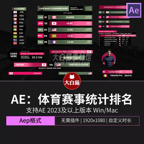 足球自行车比赛统计数据排行榜图形动画元素体育赛事视频Ae模板