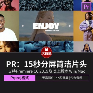 Pr模板 15秒视频分屏简洁片头团队成员介绍视频开场premiere模板