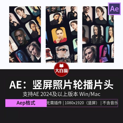 竖屏Ae片头 15秒竖版照片悬浮轮流播放视频开场logo动画AE模板