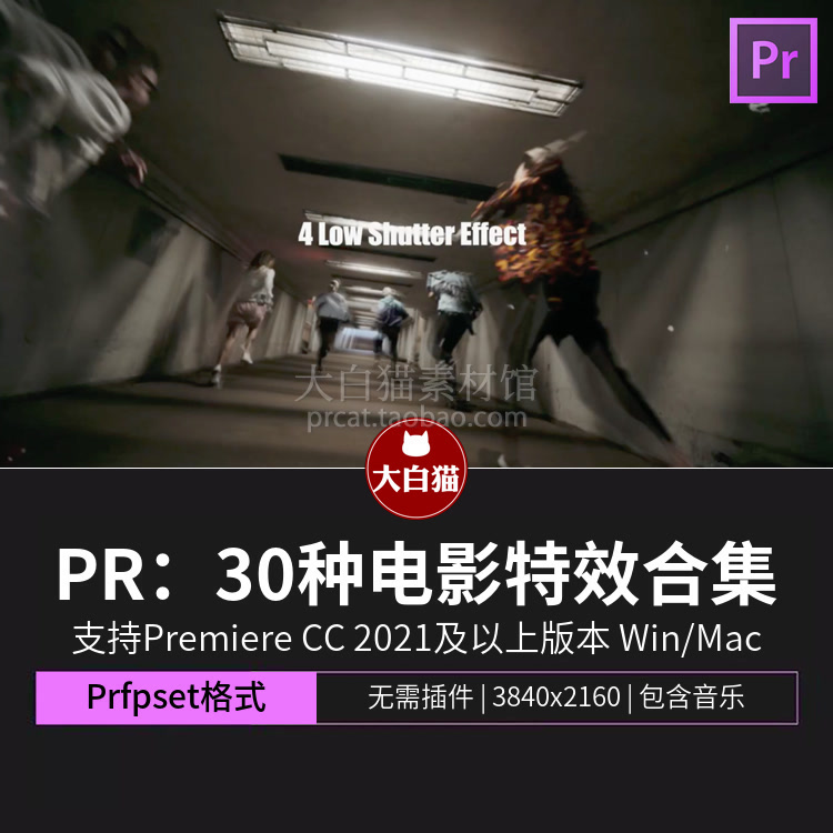 pr电影效果预设 30种复古颗粒频闪光遮幅玻璃抽帧重影合集