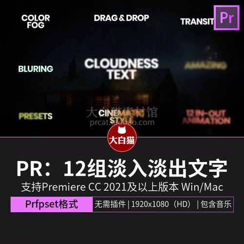 premiere预设 12组淡入淡出文字特效烟雾模糊晕影文本动画PR预设