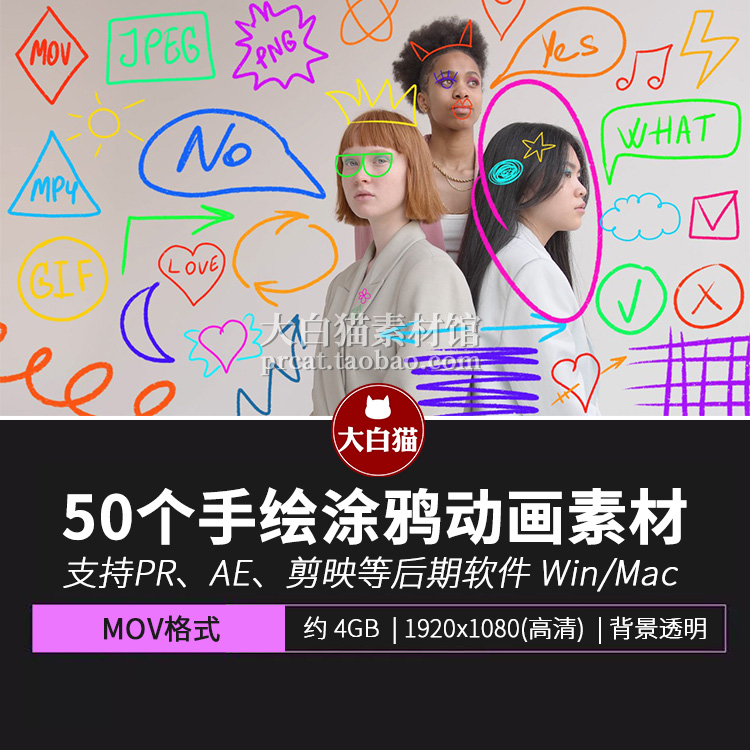 动态贴纸视频素材 50对话框卡通透明MOV图形动画手写涂鸦箭头线条