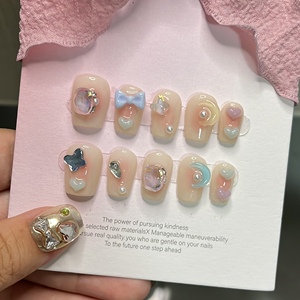短款可爱彩虹多巴胺手工穿戴甲元气奶油摩卡糖果夏美甲贴片短指甲