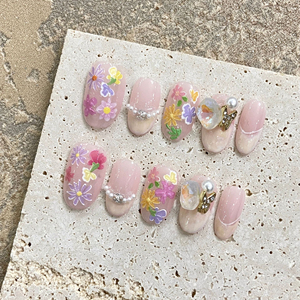 油画花花新款纯手工穿戴甲春款甜美手绘款小碎花瓣光疗甲美甲贴