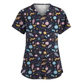 V春夏欧美领T恤 口袋工作服护士服方便亚马逊女跨境印花2024新款