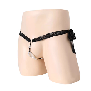 男士性感蕾丝珍珠内裤男款丁字裤带珠子的裤子低腰镂空透气T字裤