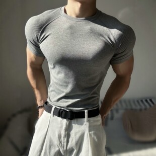 T恤收袖 无缝提花圆领短袖 口纯色速干训练弹力鲨鱼纹 健身修身 夏季