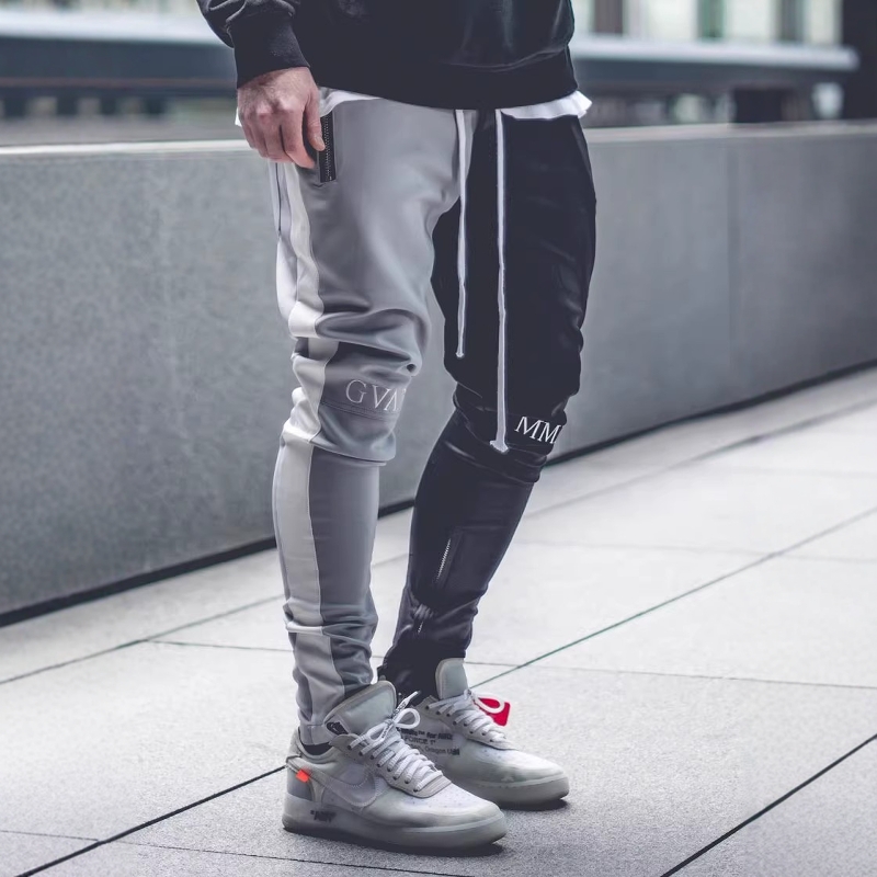 肌肉健身潮流休闲拼接个性阴阳裤腿运动长裤修身跑步男小脚卫裤子