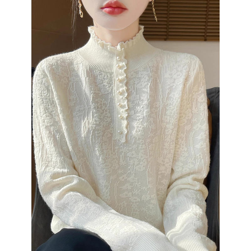 木耳花边半高领针织打底衫女秋冬内搭可外穿显瘦气质宽松加厚毛衣