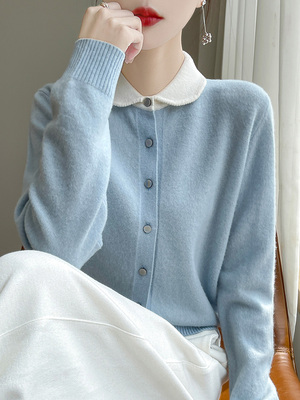 浅蓝色翻领毛衣女春季2025新款外穿宽松慵懒显瘦气质打底针织开衫