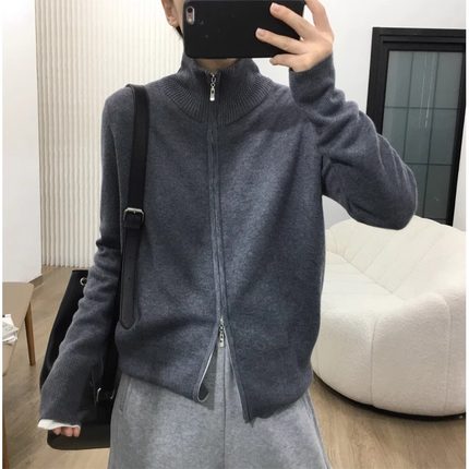 深灰色高领毛衣外套女秋冬2025新款宽松慵懒风双拉链立领针织开衫