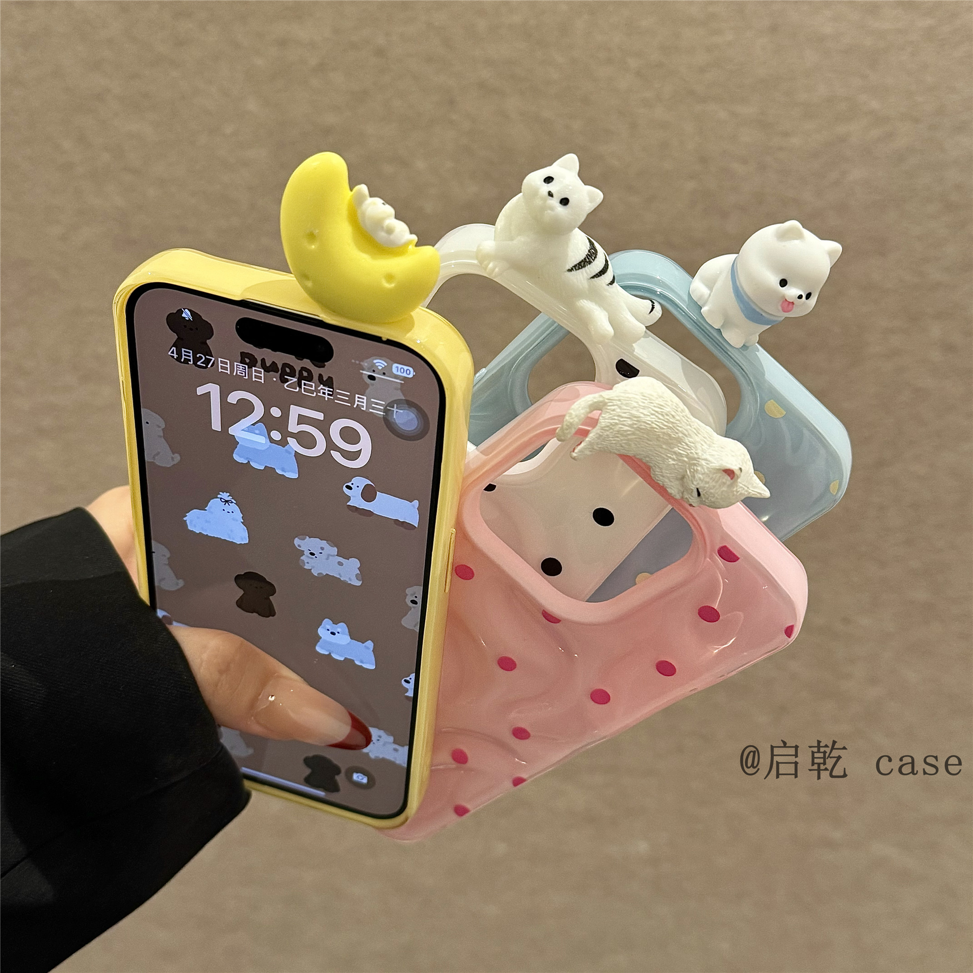 启乾 多巴胺波点趴趴猫咪狗狗iPhone16/15手机壳适用苹果14/13promax软壳褶皱纹少女心兔子可爱卡通新款夏天