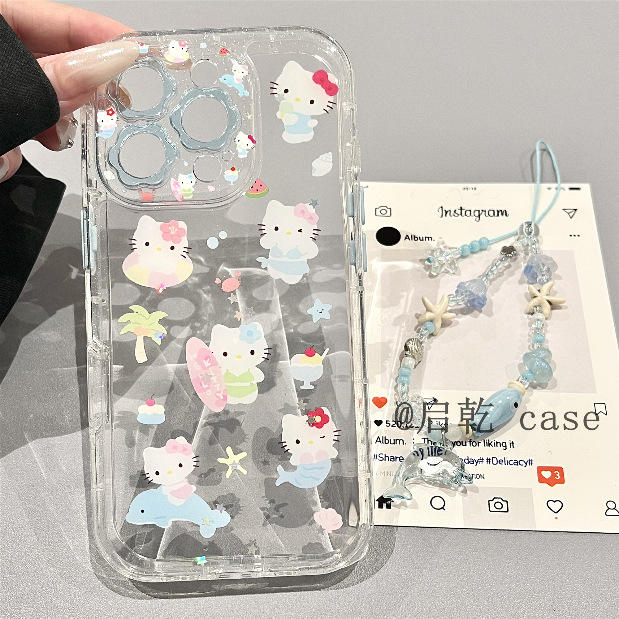 启乾 闪粉海豚凯蒂猫腕带iPhone16/15手机壳适用苹果14/13promax透明硬壳链条挂绳少女心哈喽HelloKitty新款